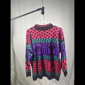 VTG 1980s Polka Dot Geometric Hearts Acrylic Sweater